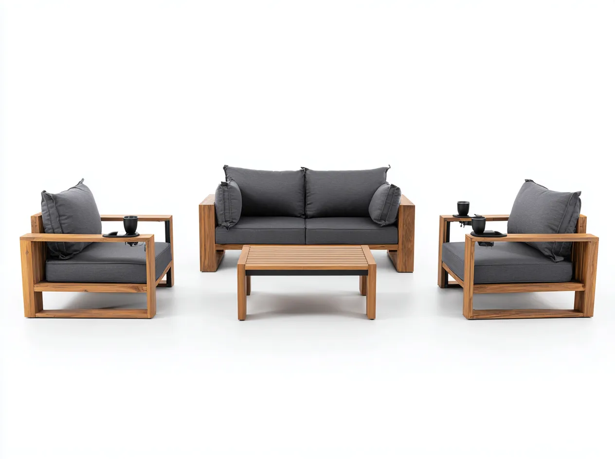 Salon de jardin 4 pièces en bois d'acacia 90x85x80 cm (fauteuil) / 160x85x80 cm (canapé) / 100x60x40 cm (table) - bois naturel et gris foncé - style contemporain-Loftilo