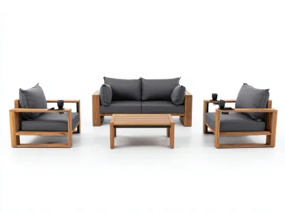 Salon de jardin 4 pièces en bois d'acacia 90x85x80 cm (fauteuil) / 160x85x80 cm (canapé) / 100x60x40 cm (table) - bois naturel et gris foncé - style contemporain-Loftilo