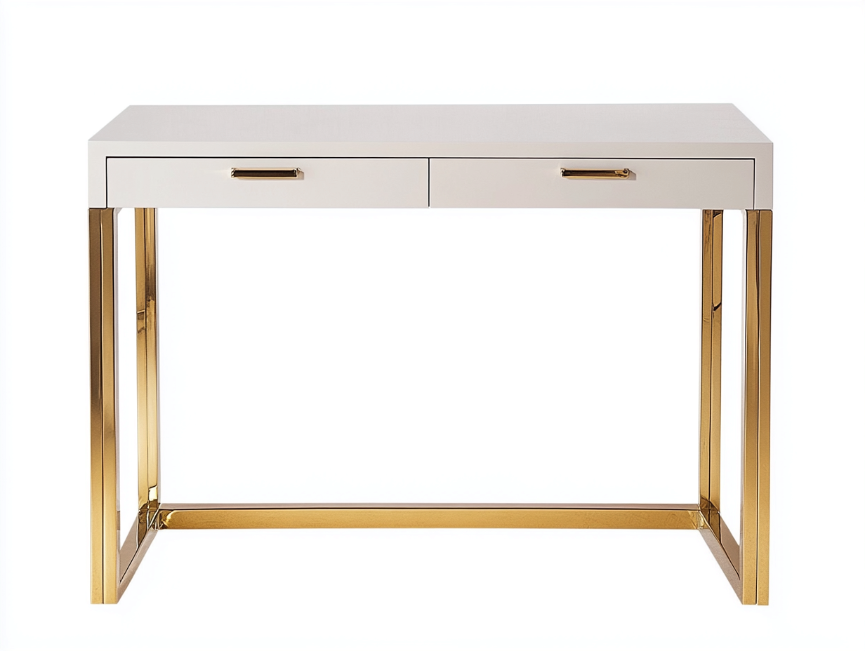 Bureau traditionnel 115x45x75 cm - blanc brillant et doré - avec double tiroir et structure métallique moderne-Loftilo