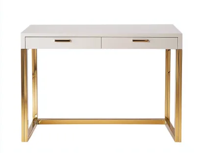 Bureau traditionnel 115x45x75 cm - blanc brillant et doré - avec double tiroir et structure métallique moderne-Loftilo