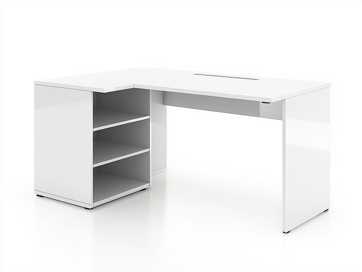 Bureau d'angle 145x110x75 cm - blanc brillant - avec espace de rangement ouvert-Loftilo