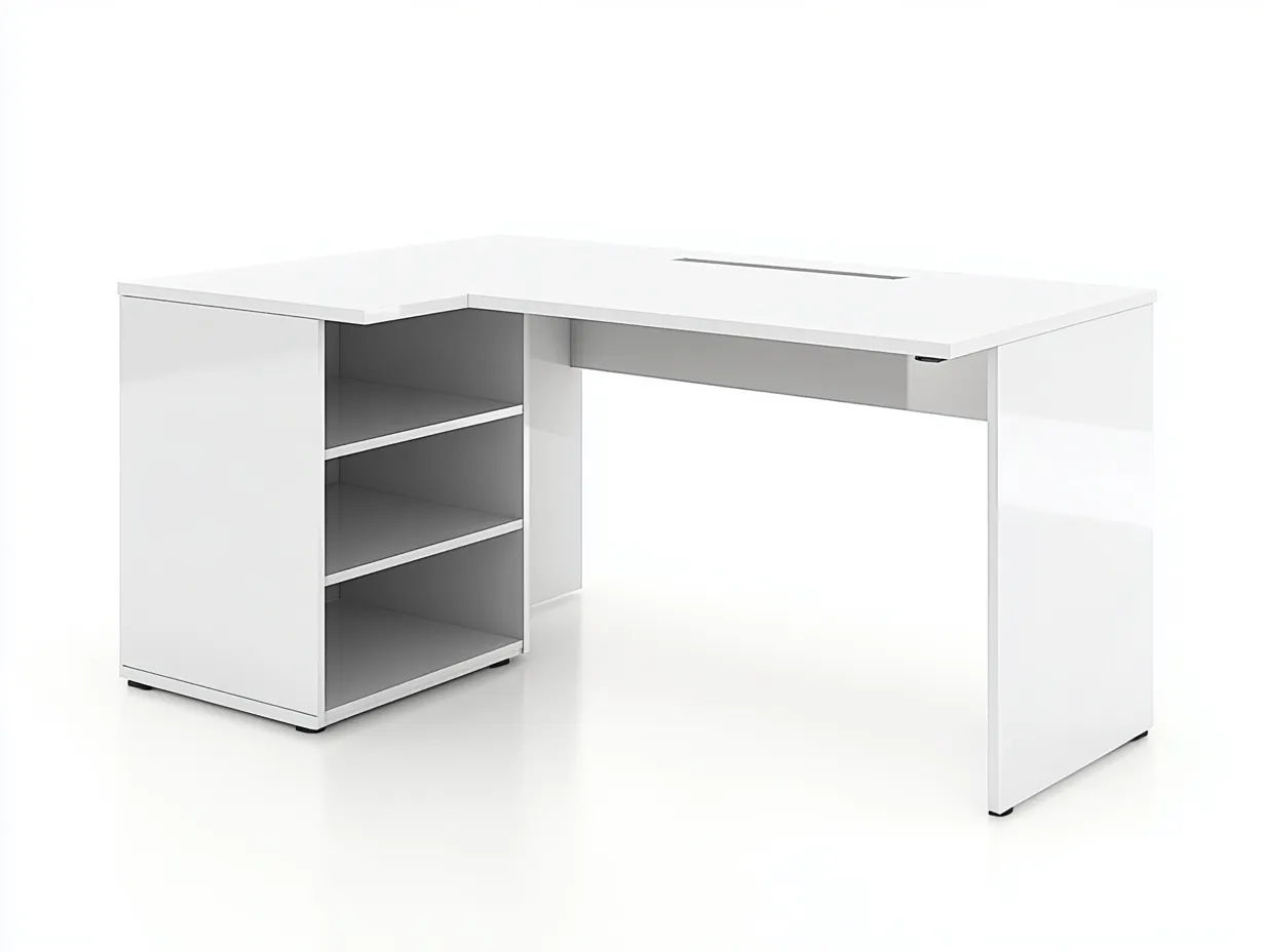 Bureau d'angle 145x110x75 cm - blanc brillant - avec espace de rangement ouvert-Loftilo