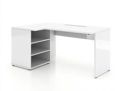 Bureau d'angle 145x110x75 cm - blanc brillant - avec espace de rangement ouvert-Loftilo