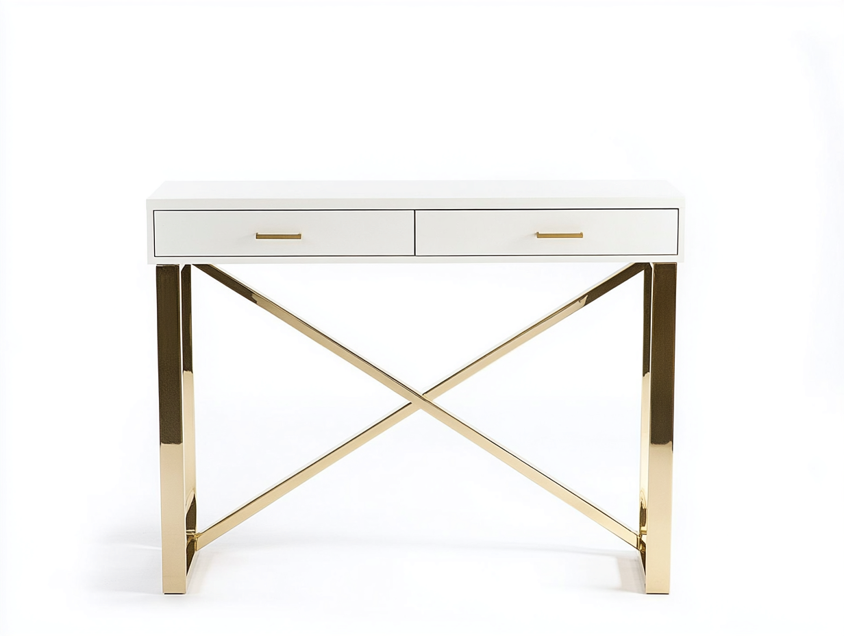 Bureau traditionnel en MDF et métal 110x50x75 cm - blanc/doré - avec espace de rangement - style moderne chic-Loftilo
