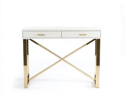 Bureau traditionnel en MDF et métal 110x50x75 cm - blanc/doré - avec espace de rangement - style moderne chic-Loftilo