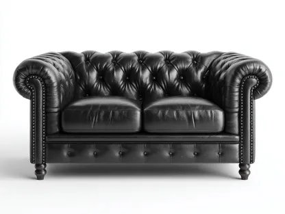 Canapé 2 places en cuir noir 160x90x76 cm - style Chesterfield capitonné - avec clous décoratifs-Loftilo