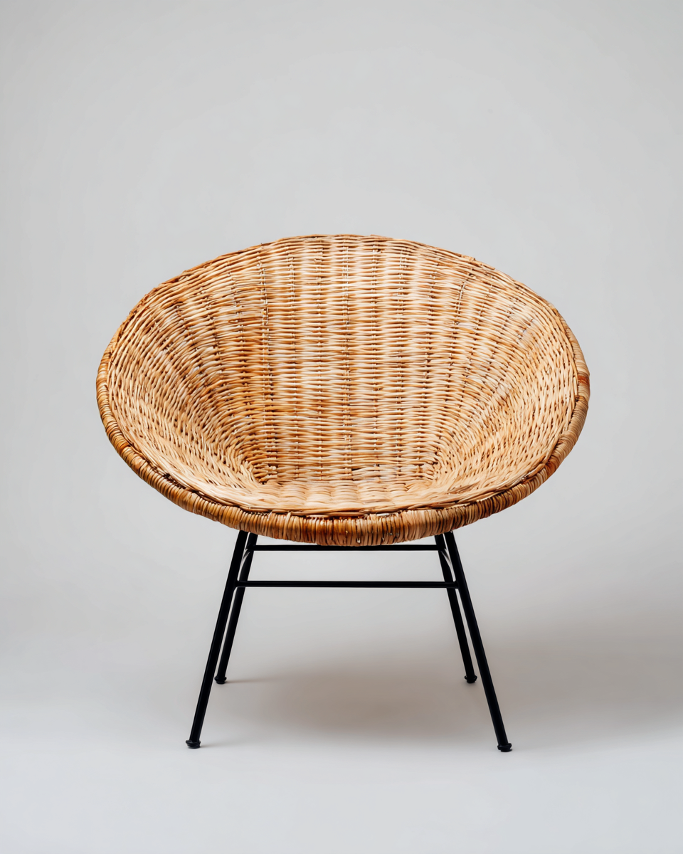 Fauteuil en rotin tressé 60x62x80 cm - naturel/noir - design rond minimaliste à piètement métallique-Loftilo