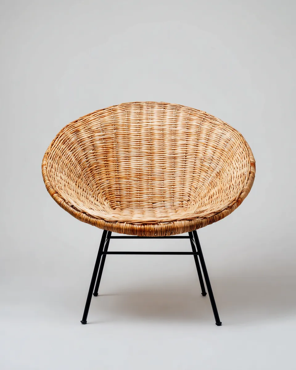 Fauteuil en rotin tressé 60x62x80 cm - naturel/noir - design rond minimaliste à piètement métallique-Loftilo