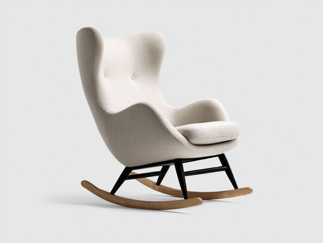 Fauteuil à bascule en tissu beige 70x90x105 cm - base métal noir et bois naturel - design moderne et ergonomique-Loftilo