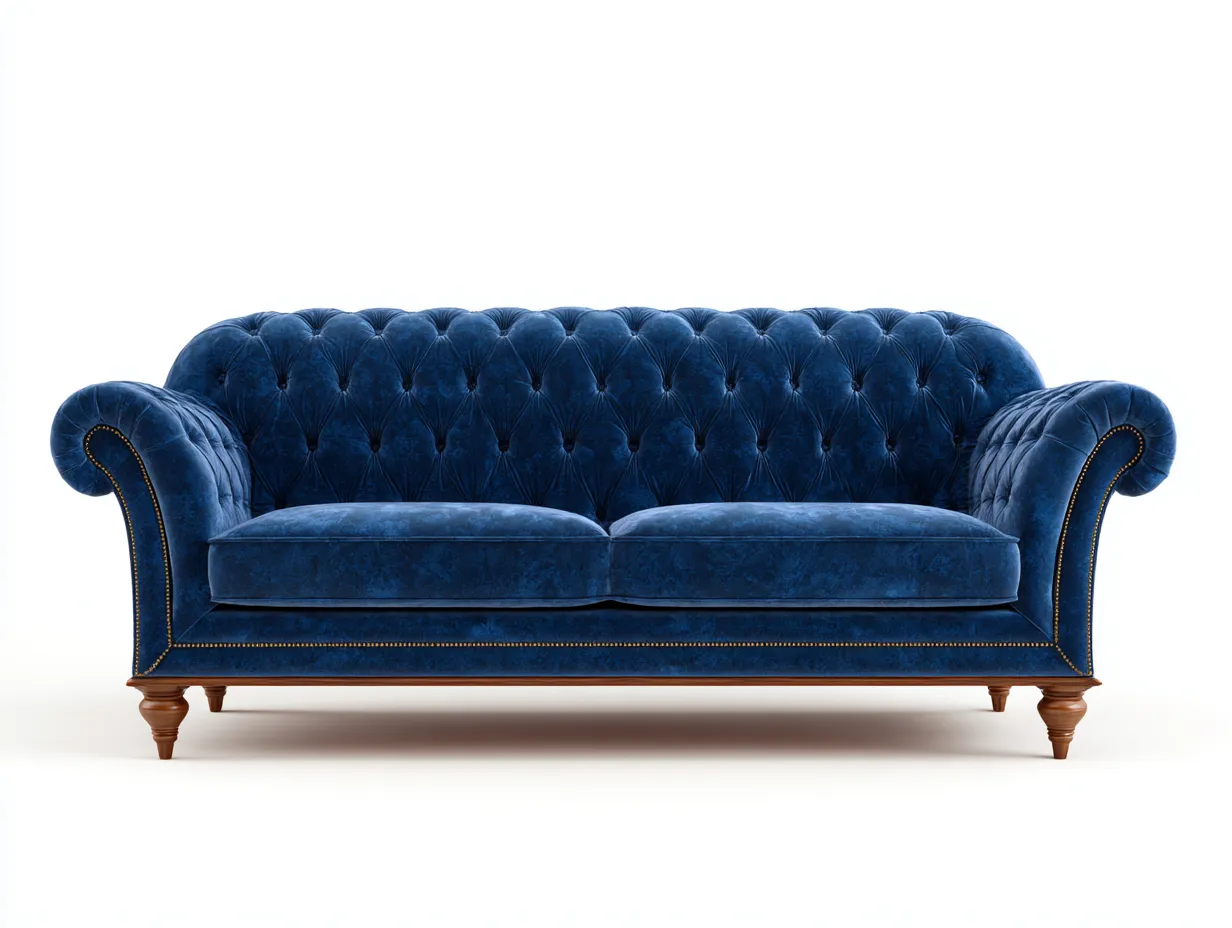 Canapé 3 places en velours bleu 210x90x80 cm - style Chesterfield élégant avec pieds en bois tourné-Loftilo