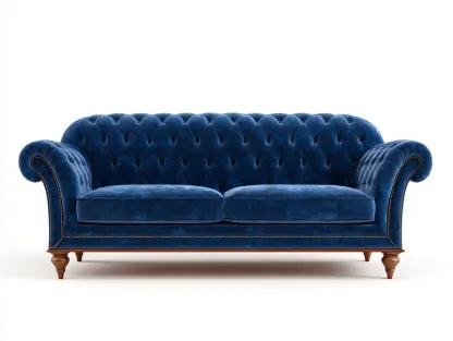 Canapé 3 places en velours bleu 210x90x80 cm - style Chesterfield élégant avec pieds en bois tourné-Loftilo