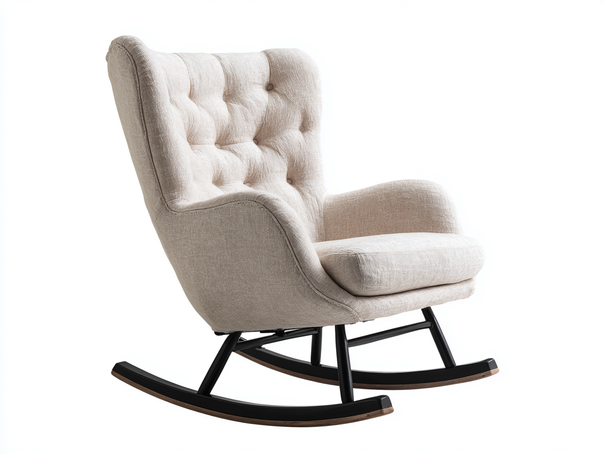 Fauteuil à bascule en tissu lin mélangé - 80x90x100 cm - beige clair - dossier capitonné et base en bois noir-Loftilo