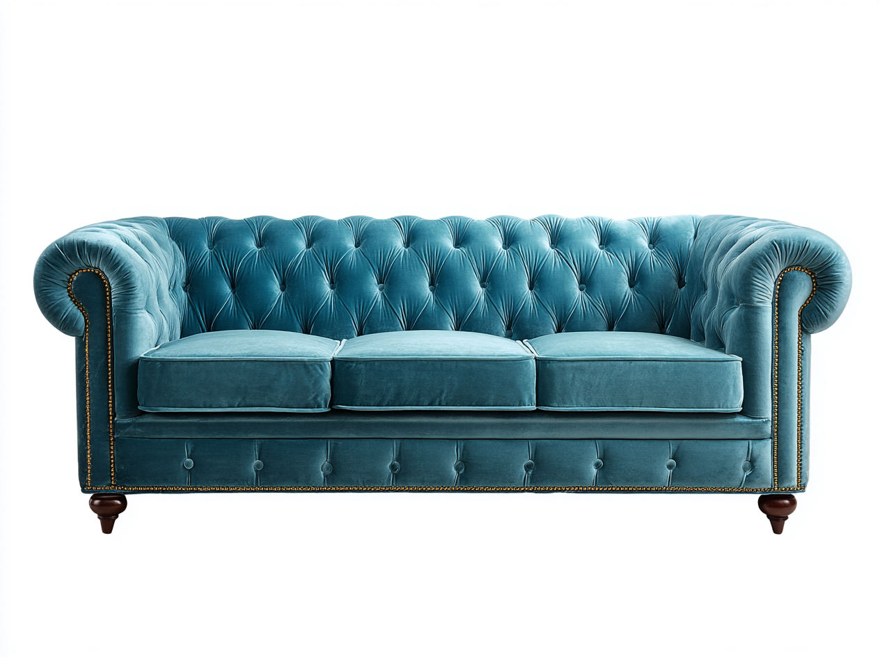 Canapé trois places en velours lisse 210x90x85 cm - bleu turquoise - style Chesterfield classique-Loftilo
