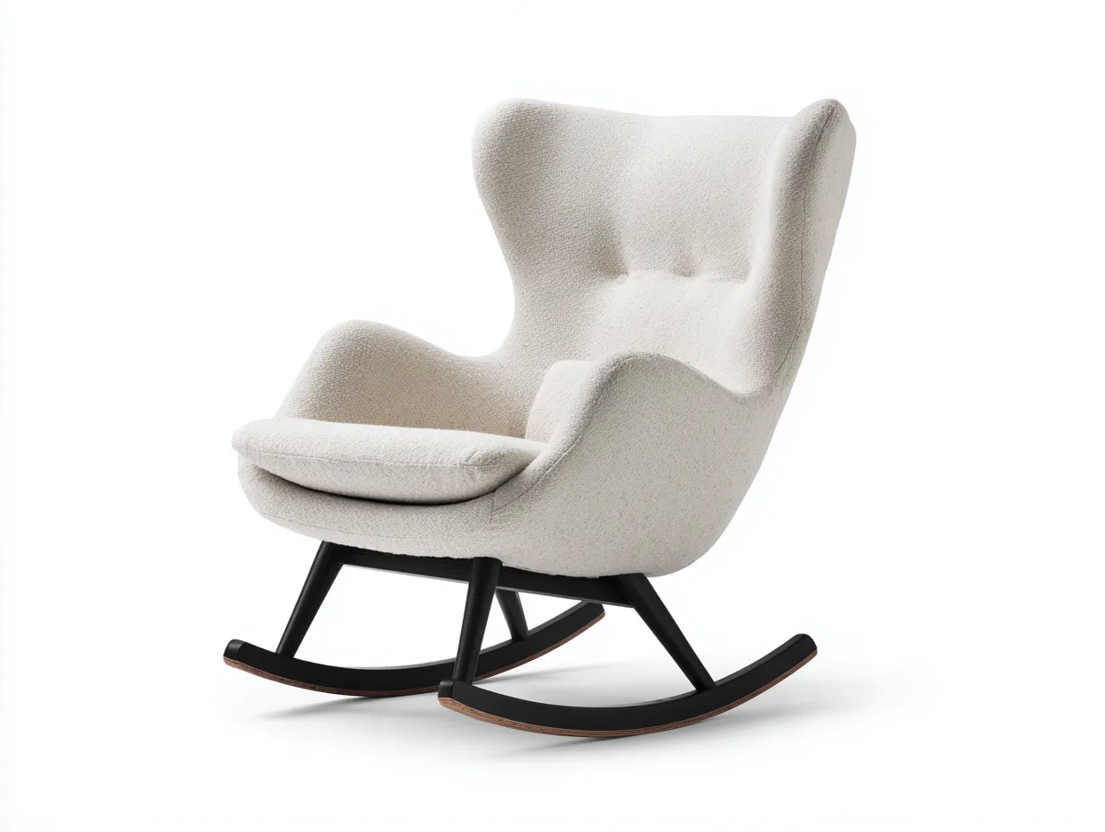 Fauteuil à bascule en tissu bouclette - 82x92x102 cm - blanc cassé - dossier haut ergonomique et base en bois noir-Loftilo