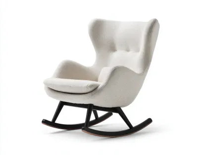 Fauteuil à bascule en tissu bouclette - 82x92x102 cm - blanc cassé - dossier haut ergonomique et base en bois noir-Loftilo
