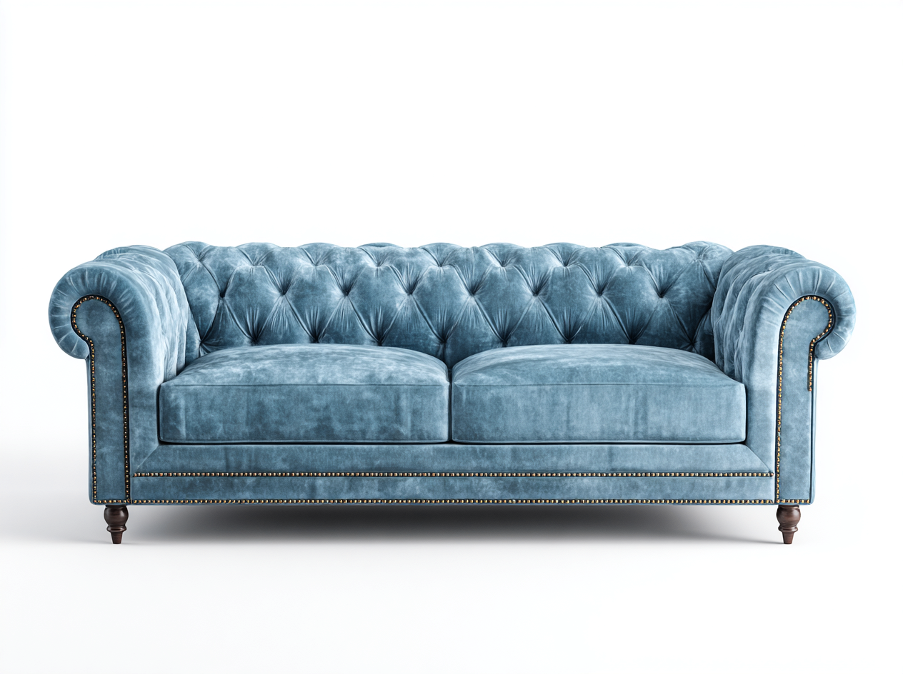 Canapé 3 places en velours bleu clair 210x90x80 cm - style Chesterfield capitonné et raffiné-Loftilo