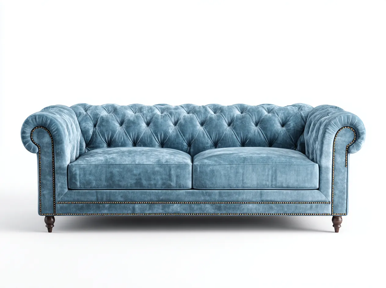 Canapé 3 places en velours bleu clair 210x90x80 cm - style Chesterfield capitonné et raffiné-Loftilo
