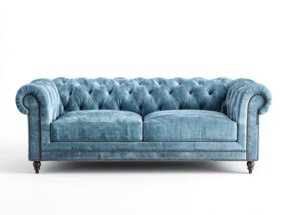 Canapé 3 places en velours bleu clair 210x90x80 cm - style Chesterfield capitonné et raffiné-Loftilo