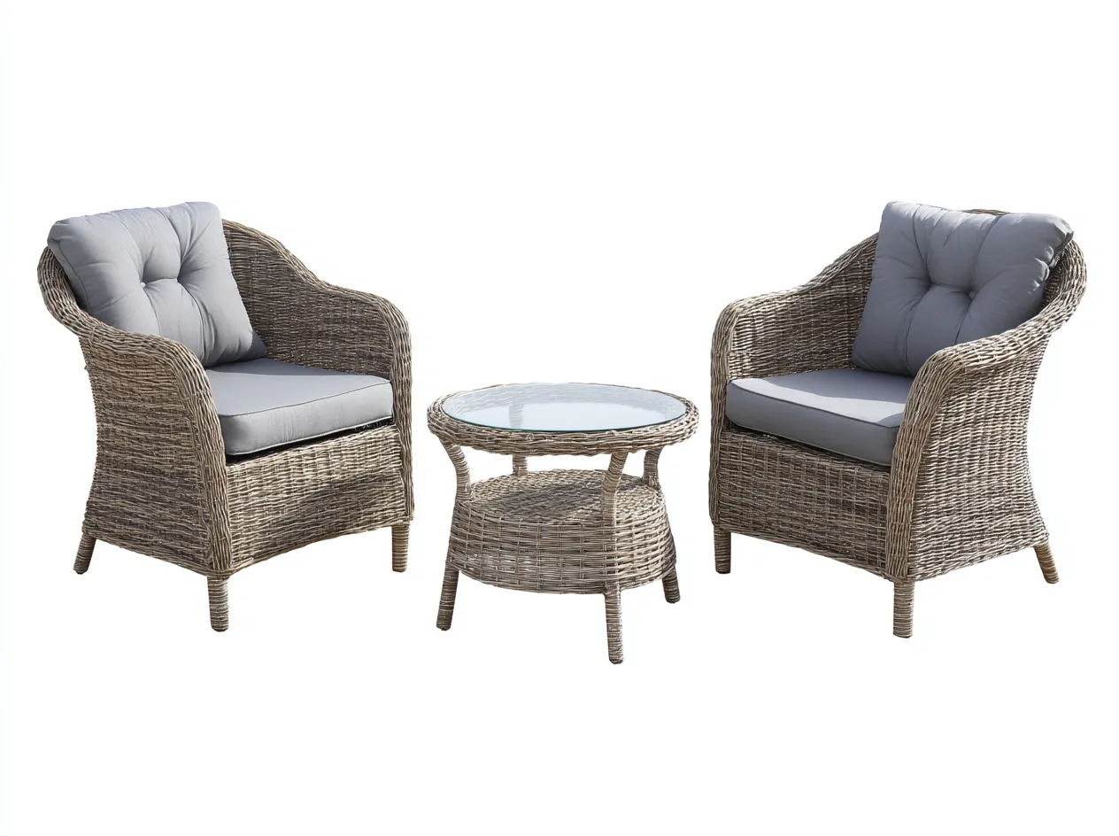 Salon de jardin 3 pièces en rotin synthétique 65x70x85 cm (fauteuil) et 55x55x50 cm (table) - rotin clair et gris - table ronde en verre - style naturel-Loftilo