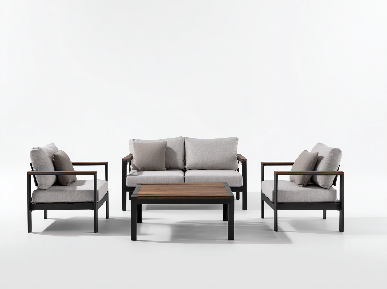 Ensemble de salon de jardin en aluminium et bois - canapé 130x75x80 cm + fauteuil 75x75x80 cm + table 100x60x40 cm - noir/gris clair - style moderne-Loftilo