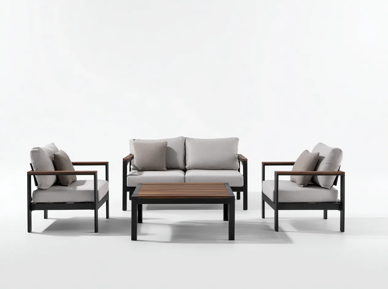 Ensemble de salon de jardin en aluminium et bois - canapé 130x75x80 cm + fauteuil 75x75x80 cm + table 100x60x40 cm - noir/gris clair - style moderne-Loftilo