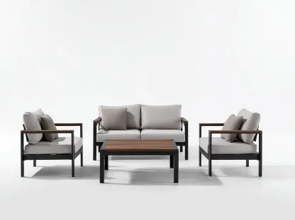 Ensemble de salon de jardin en aluminium et bois - canapé 130x75x80 cm + fauteuil 75x75x80 cm + table 100x60x40 cm - noir/gris clair - style moderne-Loftilo