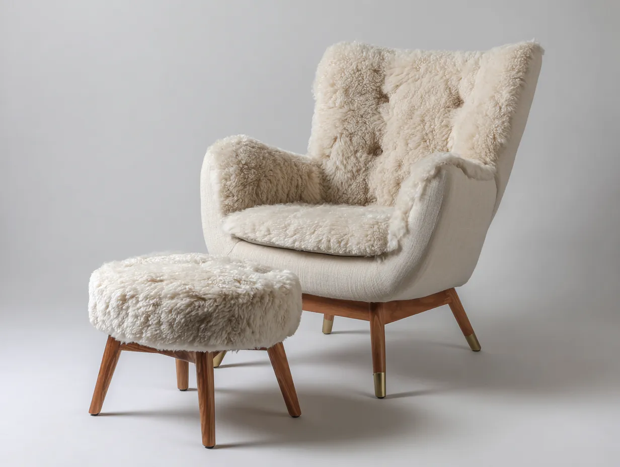 Fauteuil en tissu beige avec repose-pieds - 90x95x100 cm - style nordique avec revêtement en fausse fourrure-Loftilo