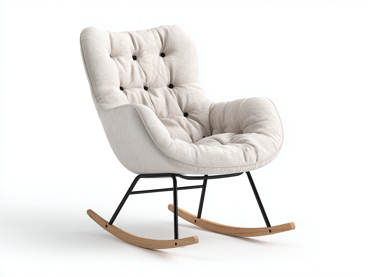 Fauteuil à bascule en tissu lin beige 70x90x100 cm - structure métal et bois - design moderne et confortable-Loftilo