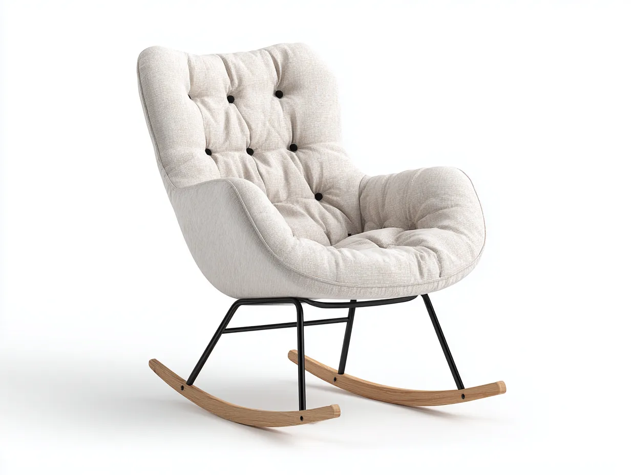 Fauteuil à bascule en tissu lin beige 70x90x100 cm - structure métal et bois - design moderne et confortable-Loftilo