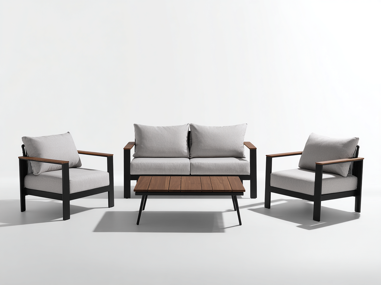 Salon de jardin 4 pièces en aluminium et bois 90x85x80 cm (fauteuil) / 160x85x80 cm (canapé) / 100x60x40 cm (table) - noir bois naturel et gris clair - style moderne-Loftilo