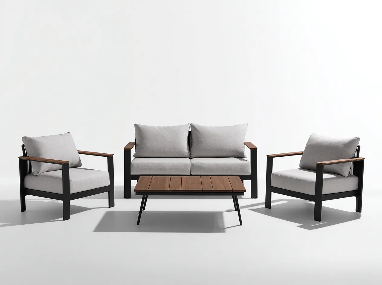 Salon de jardin 4 pièces en aluminium et bois 90x85x80 cm (fauteuil) / 160x85x80 cm (canapé) / 100x60x40 cm (table) - noir bois naturel et gris clair - style moderne-Loftilo