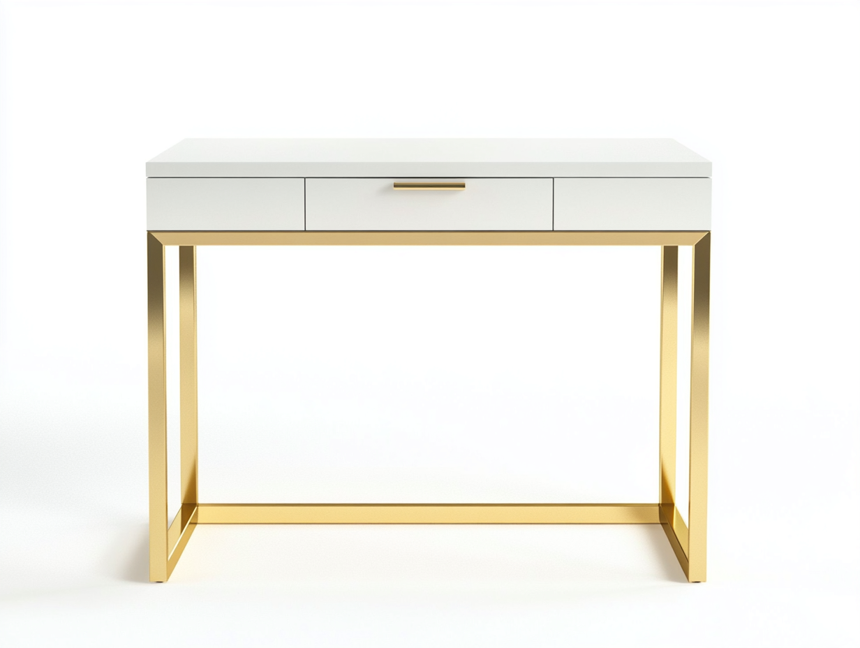 Bureau traditionnel en MDF et métal 105x50x75 cm - blanc/or - avec espace de rangement - style moderne épuré-Loftilo