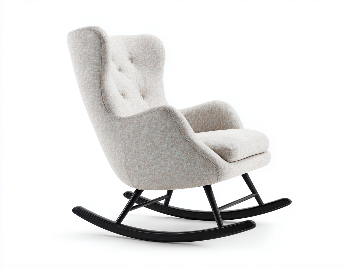 Fauteuil à bascule en tissu beige clair 70x90x105 cm - base bois noir - design contemporain et ergonomique-Loftilo