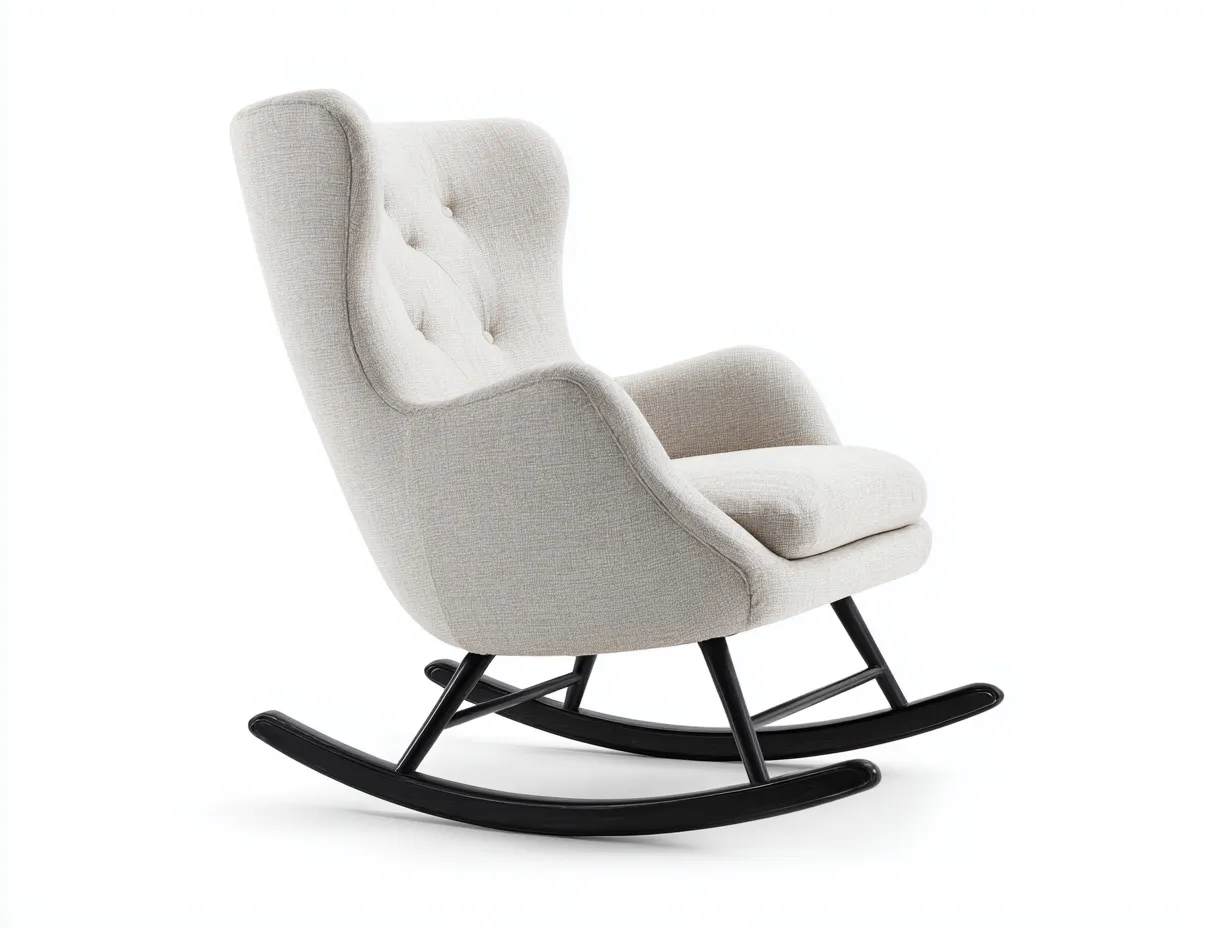 Fauteuil à bascule en tissu beige clair 70x90x105 cm - base bois noir - design contemporain et ergonomique-Loftilo