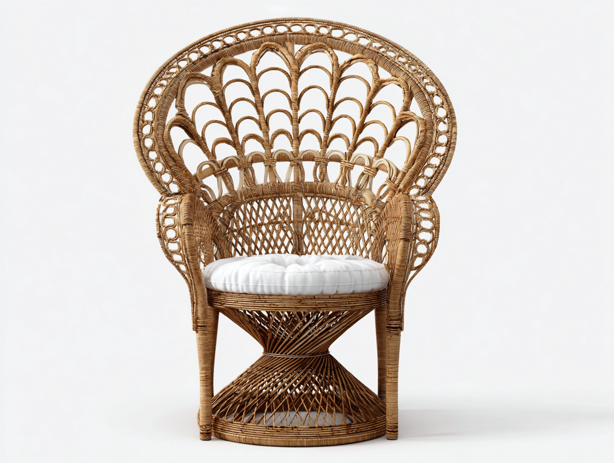 Fauteuil en rotin tressé - 95x75x150 cm - naturel - dossier haut style paon avec coussin blanc-Loftilo