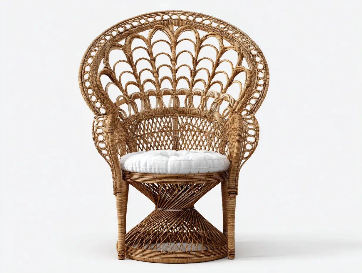 Fauteuil en rotin tressé - 95x75x150 cm - naturel - dossier haut style paon avec coussin blanc-Loftilo