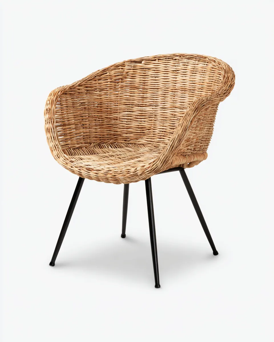 Fauteuil en rotin tressé 59x60x82 cm - naturel/noir - design contemporain à piètement métallique-Loftilo