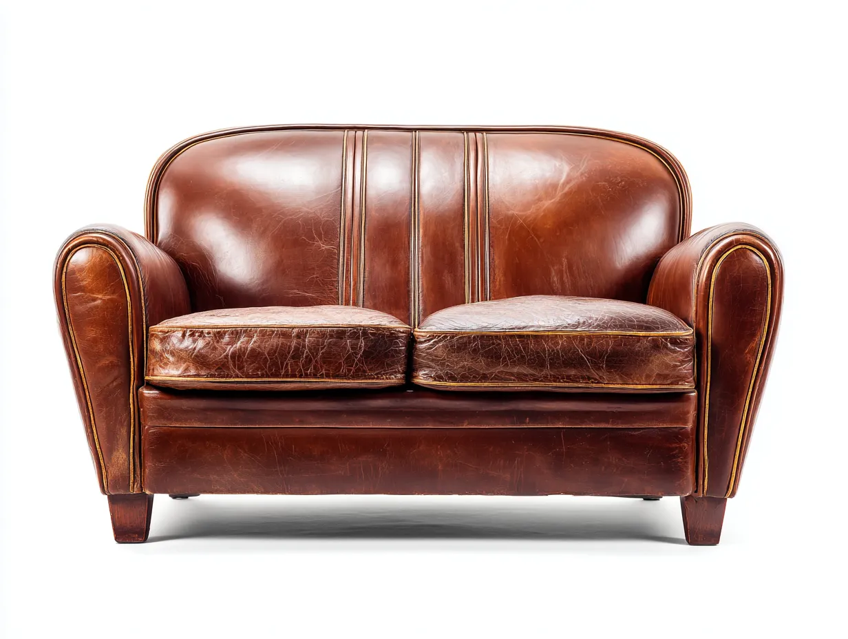 Canapé 2 places en cuir marron 150x90x85 cm - style vintage - dossier arrondi et assise confortable-Loftilo