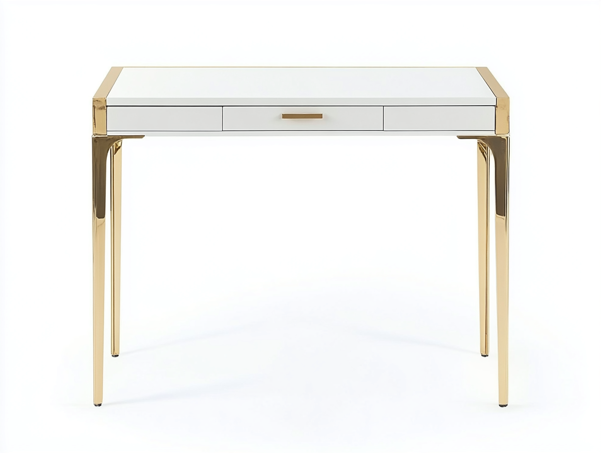 Bureau traditionnel en MDF et métal 110x55x75 cm - blanc/or - avec espace de rangement - style moderne élégant-Loftilo