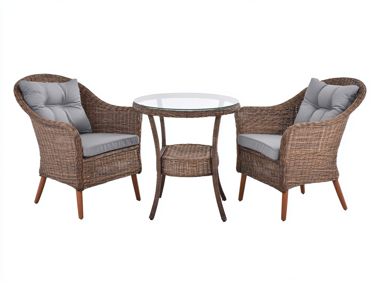 Salon de jardin 3 pièces en rotin synthétique 65x70x85 cm (fauteuil) et 60x60x70 cm (table) - marron et gris - table ronde en verre - style naturel-Loftilo