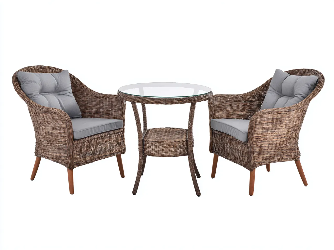 Salon de jardin 3 pièces en rotin synthétique 65x70x85 cm (fauteuil) et 60x60x70 cm (table) - marron et gris - table ronde en verre - style naturel-Loftilo