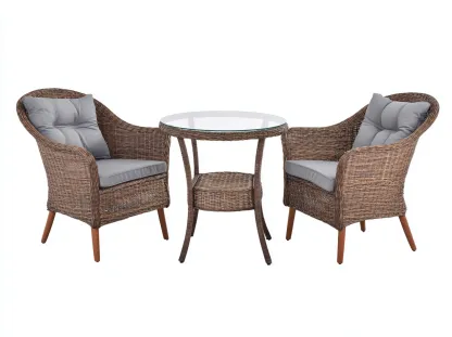 Salon de jardin 3 pièces en rotin synthétique 65x70x85 cm (fauteuil) et 60x60x70 cm (table) - marron et gris - table ronde en verre - style naturel-Loftilo