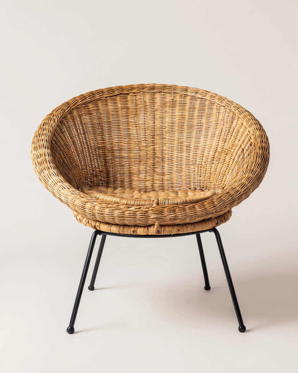 Fauteuil en rotin tressé 58x60x79 cm - naturel/noir - design rond à piètement métallique-Loftilo