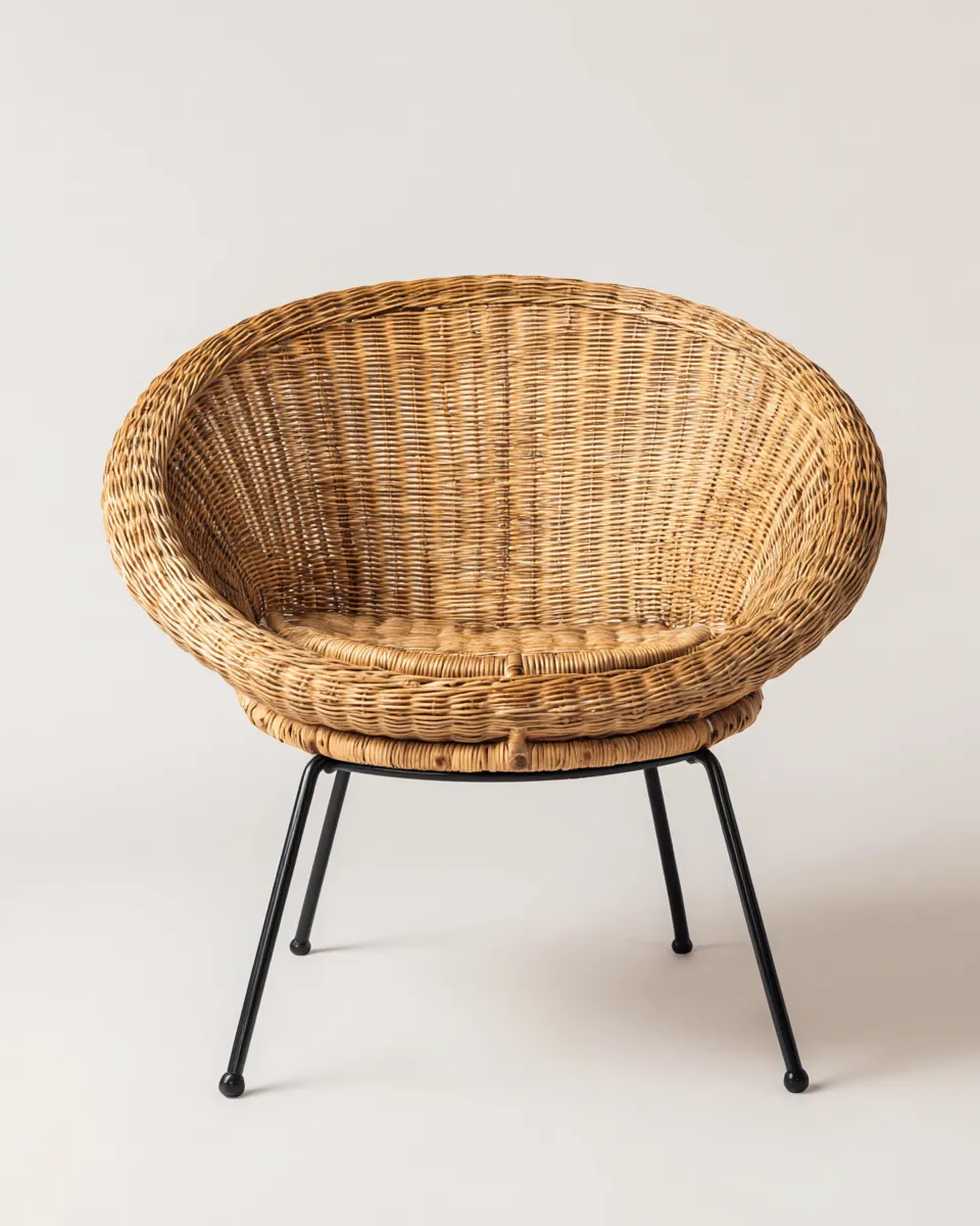 Fauteuil en rotin tressé 58x60x79 cm - naturel/noir - design rond à piètement métallique-Loftilo