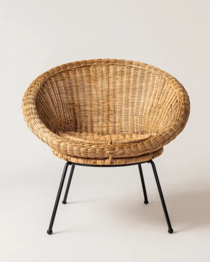 Fauteuil en rotin tressé 58x60x79 cm - naturel/noir - design rond à piètement métallique-Loftilo