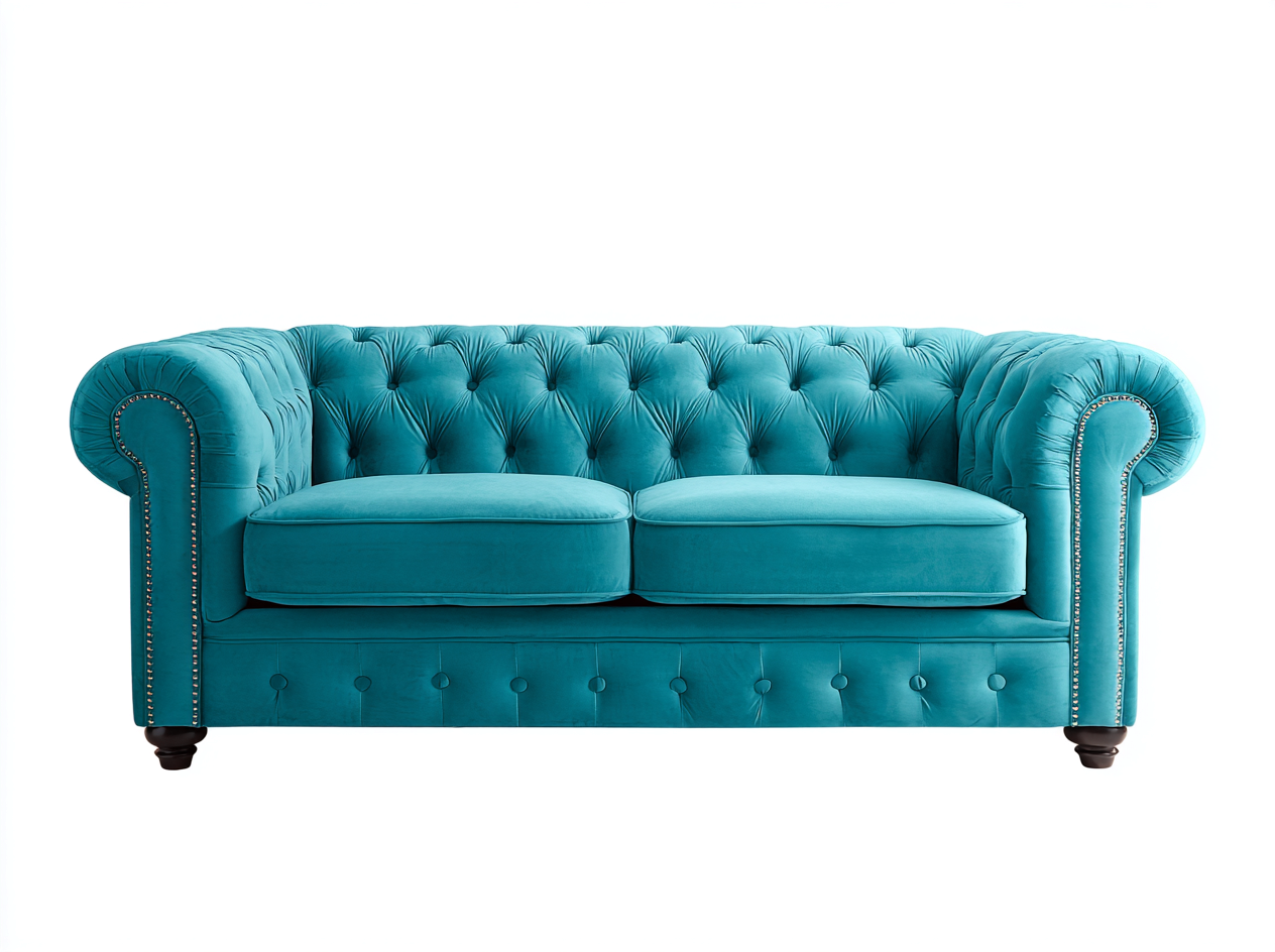 Canapé deux places en velours lisse 170x90x85 cm - bleu turquoise - style Chesterfield classique-Loftilo