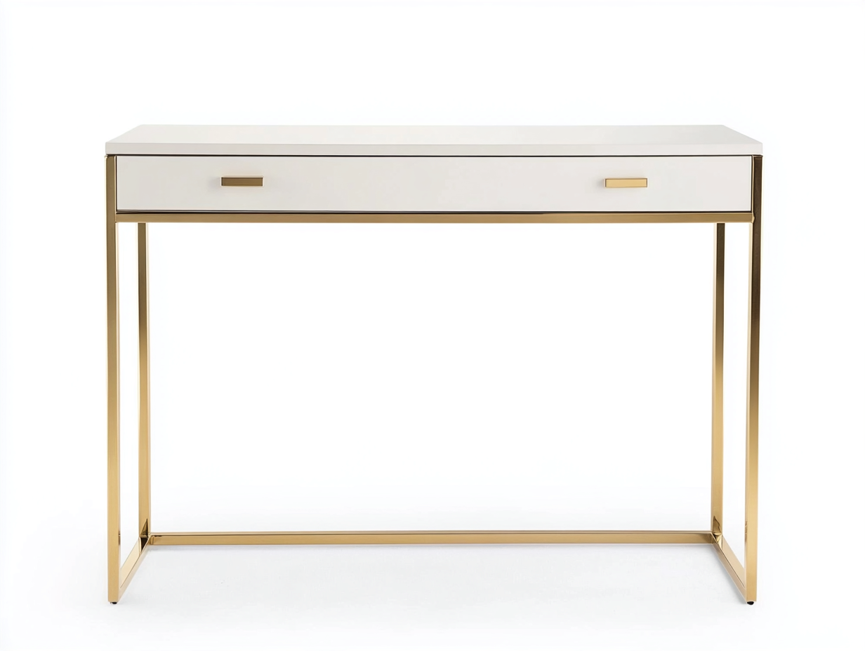 Bureau traditionnel 115x45x75 cm - blanc brillant et doré - avec espace de rangement et structure métallique élégante-Loftilo