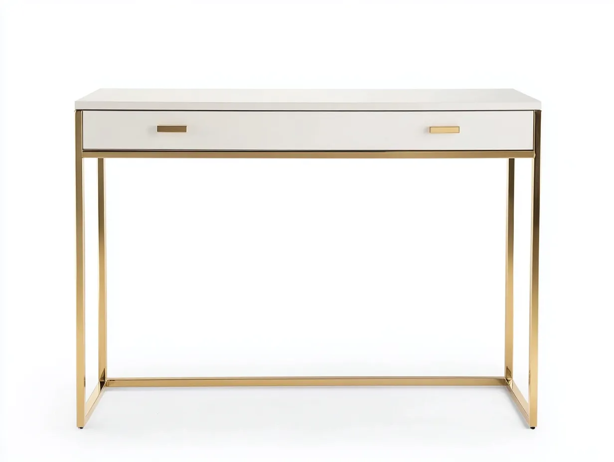 Bureau traditionnel 115x45x75 cm - blanc brillant et doré - avec espace de rangement et structure métallique élégante-Loftilo