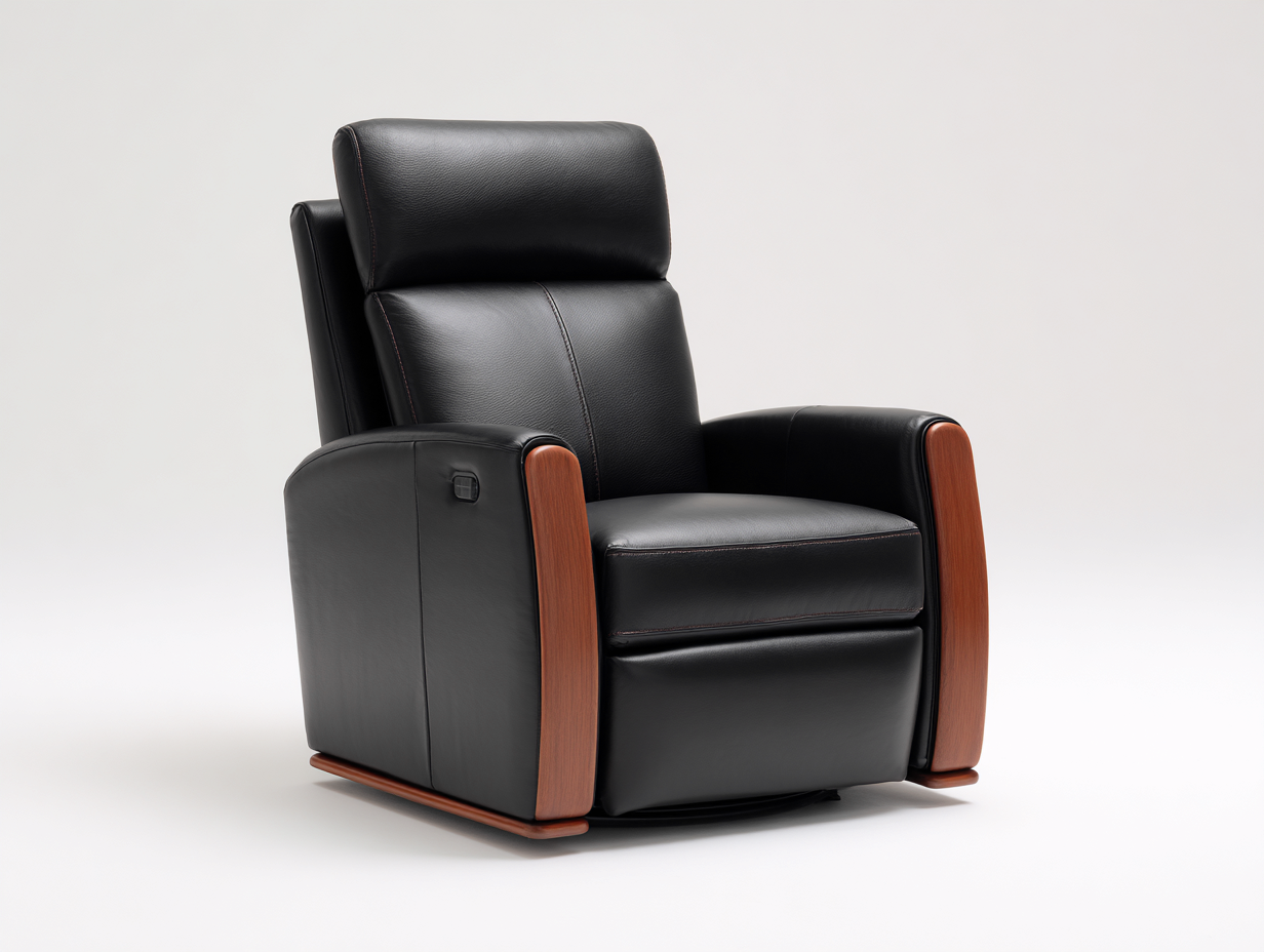 Fauteuil inclinable en cuir véritable noir/bois naturel - 90x95x105 cm - design moderne avec fonction réglable ergonomique-Loftilo