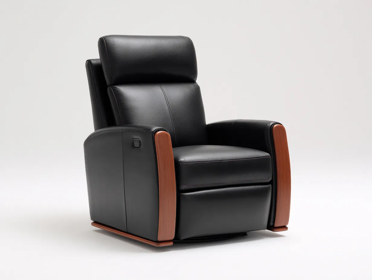 Fauteuil inclinable en cuir véritable noir/bois naturel - 90x95x105 cm - design moderne avec fonction réglable ergonomique-Loftilo